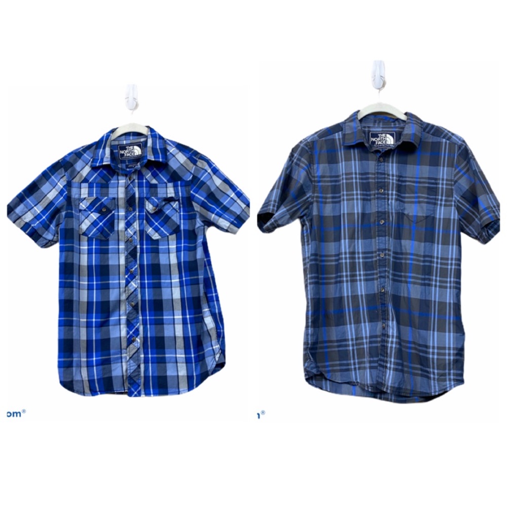Lot Of 2 The North Face Men's Short-Sleeve Blue Plaid Button-Down Shirts